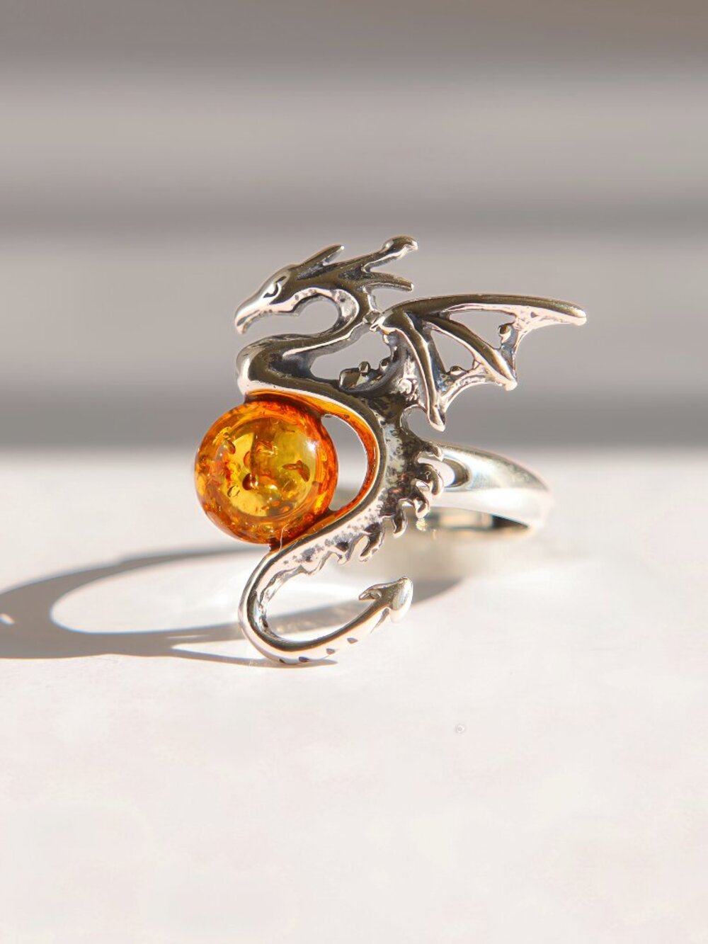 Baltic Amber Dragon Ring in Sterling Silver